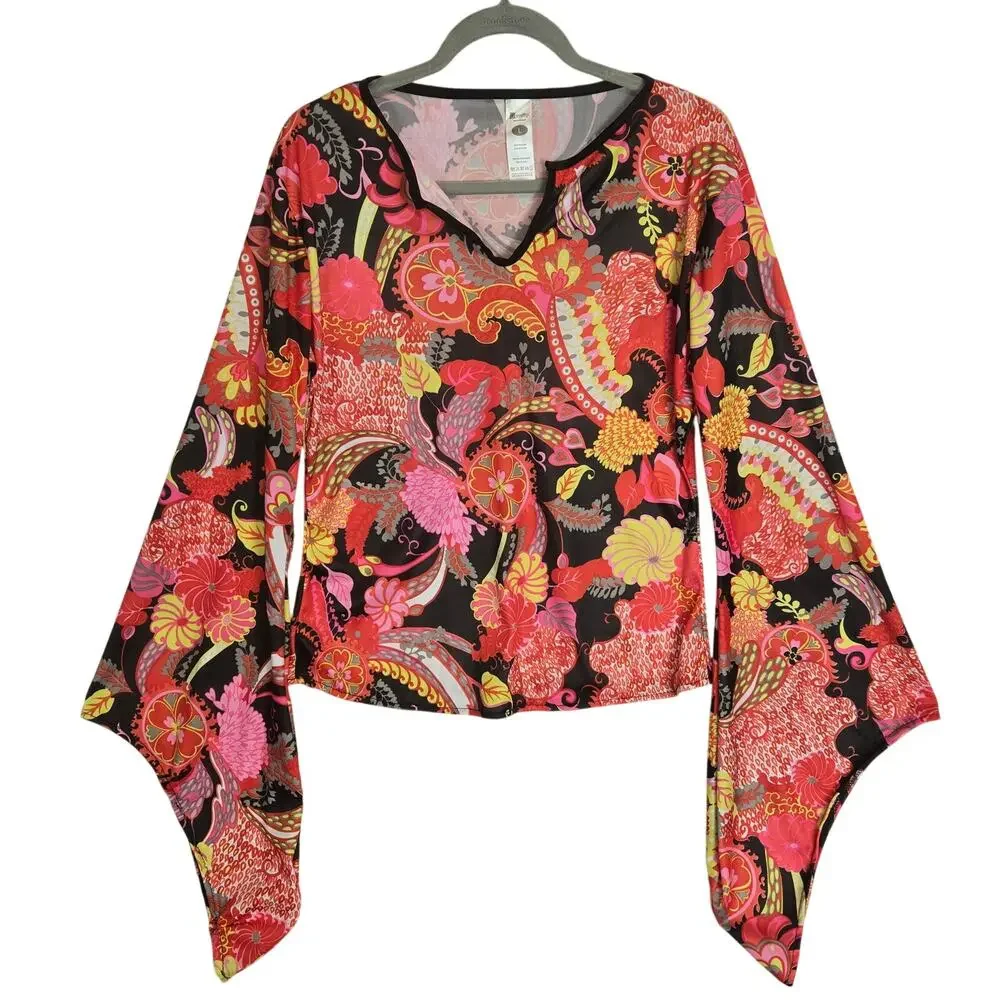 Boho Flower Power Hippy Top L 70s Psychedelic Silky Super Flare Sleeves Festival